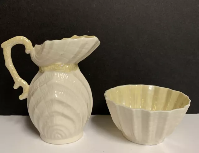 Vintage Belleek Yellow Lustre Shell Creamer & Sugar Bowl 3rd & 2nd Green Mark