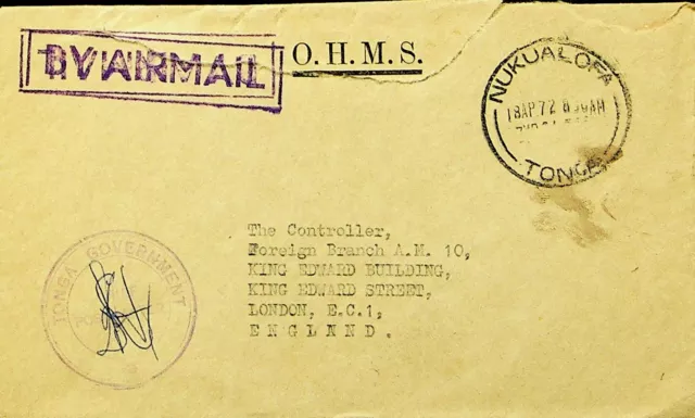 Sephil Tonga 1972 Ohms Official Signed Airmail Cover From Nukualofa To London Gb