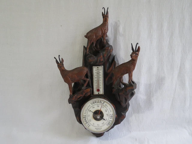 Baromètre Ancien En Bois Sculpté Forêt Noire - Thème Chasse Avec Thermomètre