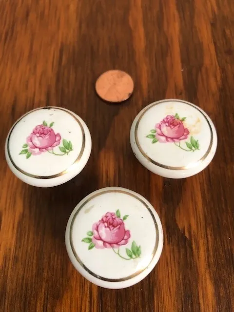 Three (3) White & Red Rose Porcelain-like Dresser Drawer Pulls Knobs