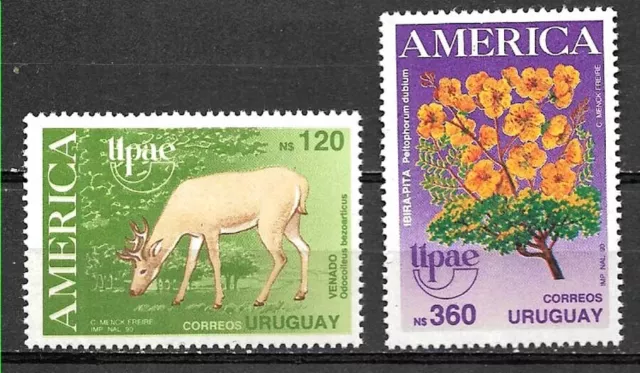 #5004A URUGUAY 1990 UPAEP AMERICA FAUNA FLOWERS Yv 1330-1  MNH