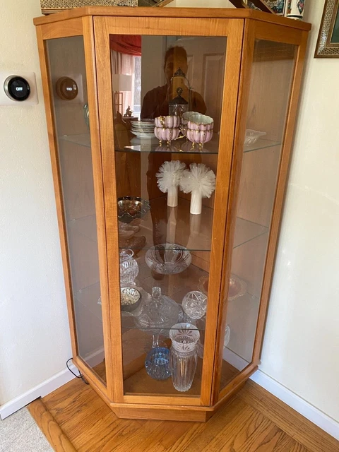 wall curio corner teak cabinet with glass door and 3 adjustable shelves w/light