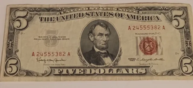 1963 $5.00 Dollar Bill Red Seal A24555382A