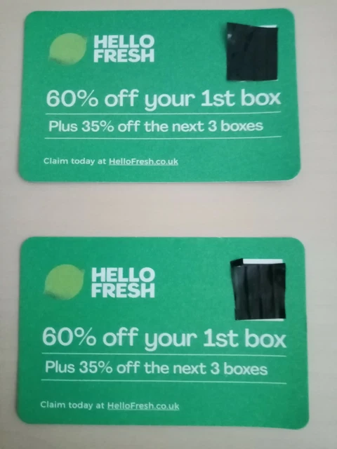 2 Hello Fresh Vouchers 60% off 1st box & 40% off next 3 -NO RES BARGAIN BUY!!