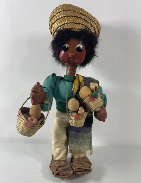 Old Vintage Doll Standing Fruit Basket 11" Doll Folk Art Collectible Display