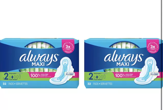 Always Maxi Pads Size 2, Long, Super Absorbency, with Wings