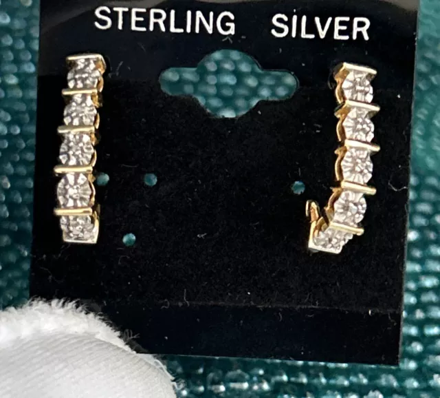 Ross Simons Gilded Sterling Silver 925 Small Diamonds  1/2 Hoop Earrings