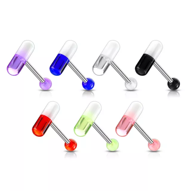 316L Surgical Steel Ball Barbells Tongue Ring UV Reacting 2 Color Acrylic Pills