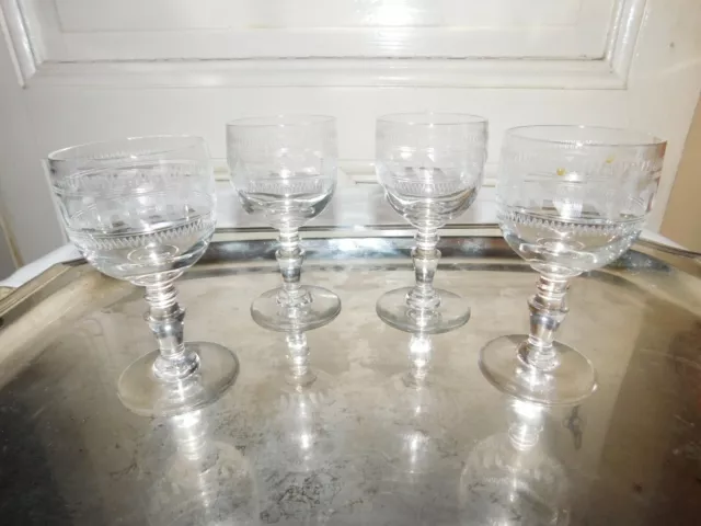 Suite De 4 Vasos Vino Blanco Cristal O Grabado A El Griego Siglo XIX