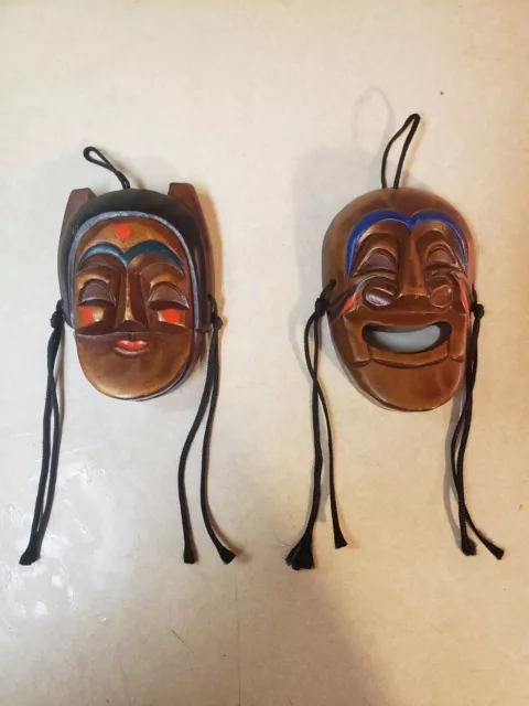 Korean Traditional Hahoe Folk Art Hand Carved Wooden Face Mask  Wall Decor Pair