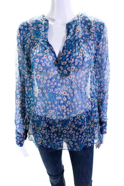 Isabel Marant Etoile Women's Long Sleeve Floral V Neck Silk Blouse Blue Size 36
