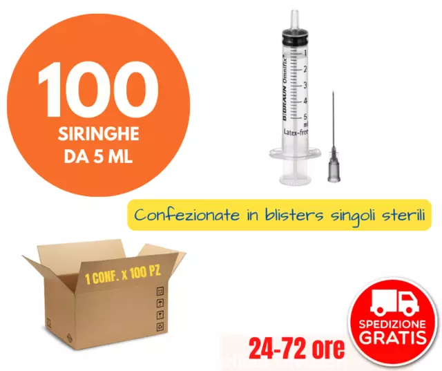 100 Siringhe monouso sterili con ago 5ml attacco Luer eccentrico