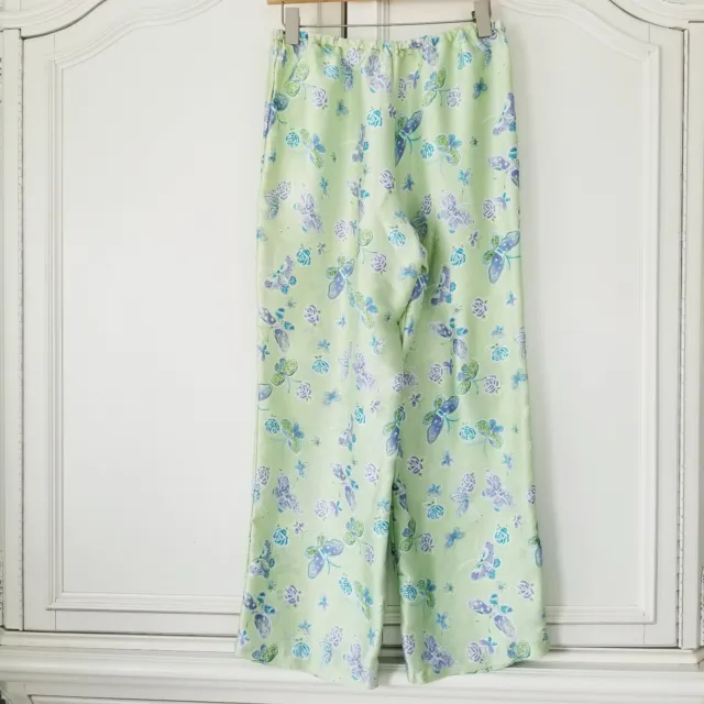 August Moon Green Purple Floral Butterflies 100% Silk Pajama Pants Medium