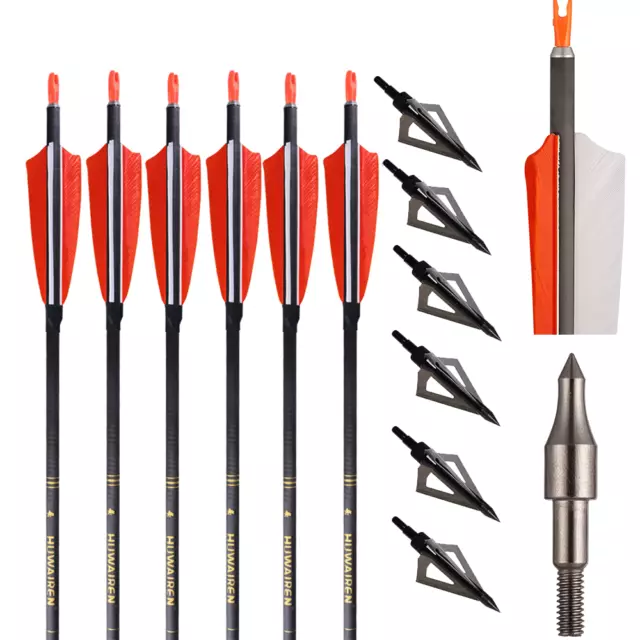 6Pc Archery 30" Carbon Arrows SP400 Real Feathers & 6Pc Broadhead Hunting Shoot