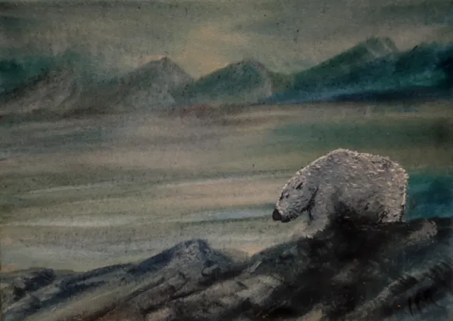 ACEO Original Painting Art Card Landscape Polar Bear Ice Snow  Watercolour