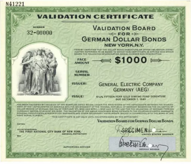 General Electric Co. Germany (AEG) - $1,000 Specimen Bond - Foreign Bonds