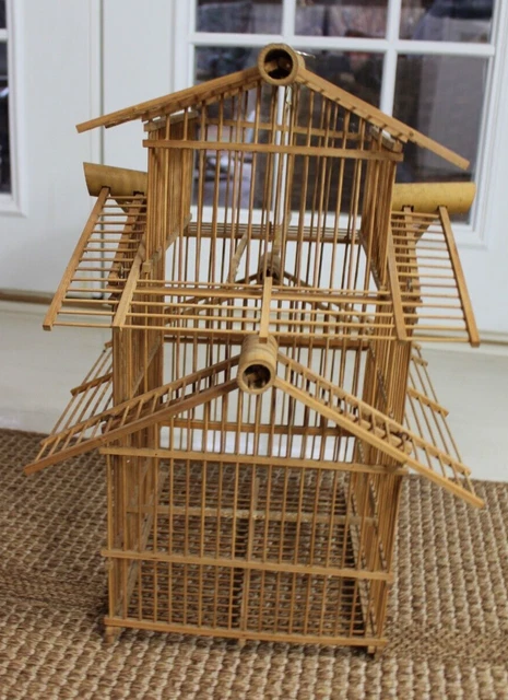 Vintage Pagoda Bamboo Wooden Bird Cage - Decorative - Home - 20" X 12" X10"