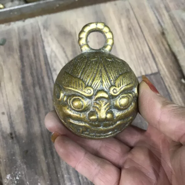 Chinese Cast Bronze Tiger Head Lion Small Bell Amulet Peace Pendant Collection 2