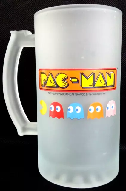 Pac-Man Gamers Bandai Frosted beer Drinking Glass collectible Large 14.5cm high