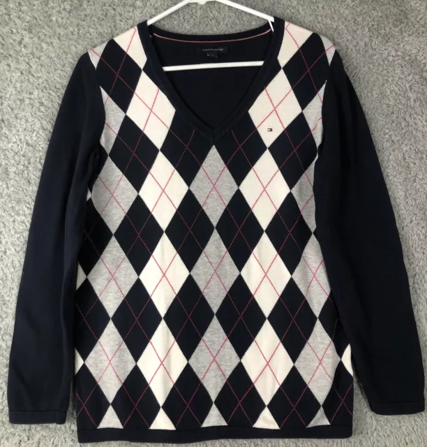 Tommy Hilfiger Womens Navy Argyle Long Sleeve V Neck T-Shirt Sweater Blue Sz M