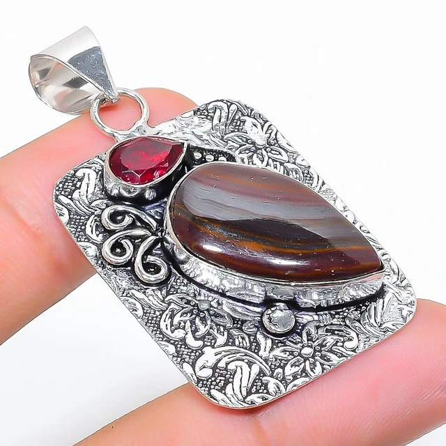Tiger Eye, Garnet Gemstone 925 Sterling Silver Jewelry Pendant 2.01" Z729