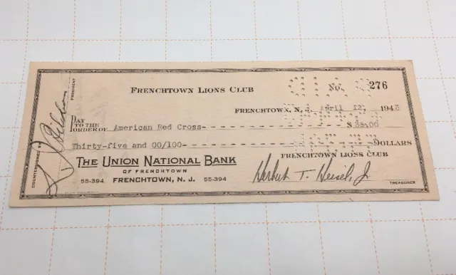 1943 Frenchtown Lions Club The Union National Bank Check To American Red Cross