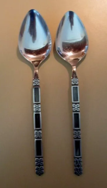 2 Oneida Community MADRID Stainless 8 1/2" Solid Serving Spoons Black Accent