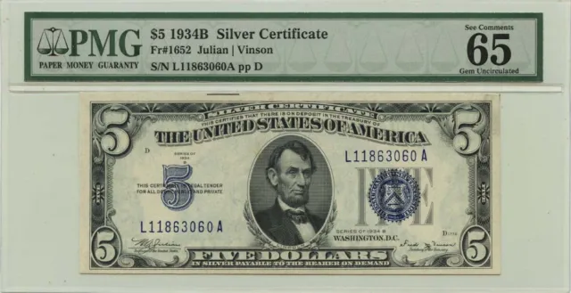 1934B $5 Silver Certificate Blue Fr# 1652 PMG Gem 65EPQ