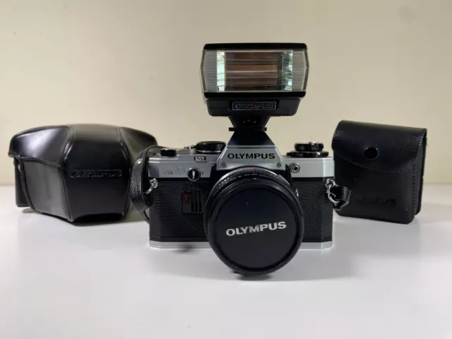 Olympus OM10 35mm SLR Film Camera with ZUIKO 50mm f1.8 with Flash - New Battery