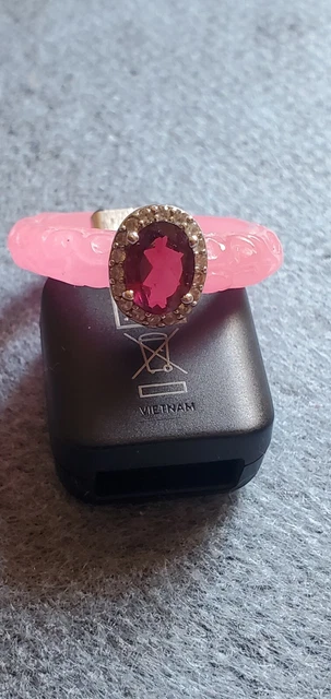 Natural Burmese Carved Pink Jade, Rhodolite Garnet,  Zircon Halo Ring sterl sil