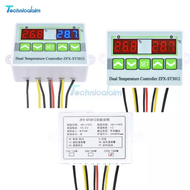 12/24V 110-220V ZFX-ST3012 Dual Temperature Controller Microcomputer Thermostat