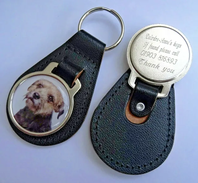 Genuine Leather Personalised Engraved KeyRing FOB with BORDER TERRIER Picture