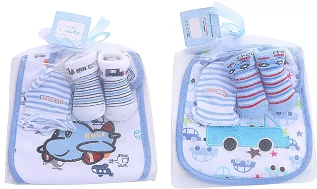 3 pcs Newborn Baby Boy Socks with matching Gloves and Bib Set 2 Packs