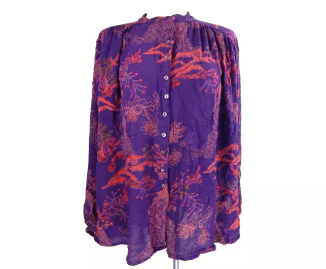 Free People Women's Small Top Metallic Blooms Floral Peacock Tunic Purple EUC