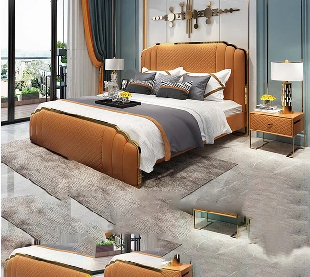 Design Chambre à Coucher Lit en Cuir 3tlg. Set 2x Table de Chevet Lits Luxe