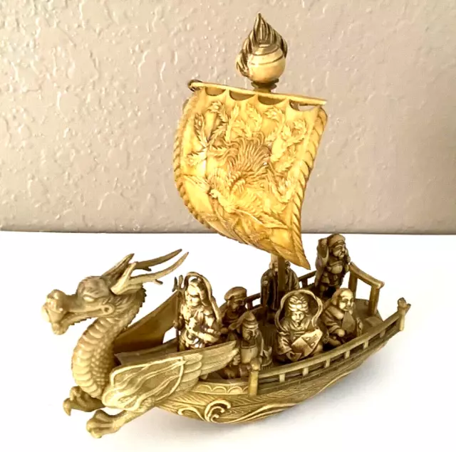 Vintage Resin/Plastic Chinese Characters & Carved Dragon Junk Boat