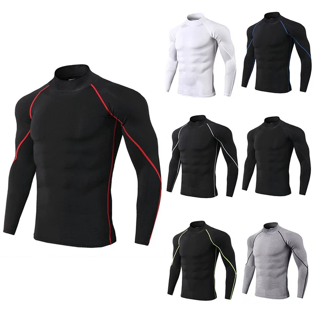 Mens Turtleneck Compression Under Tops Gym Tights Athletic Long Sleeve T-Shirt