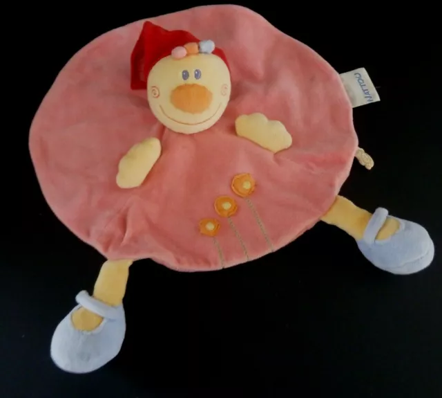 E1- Doudou Plat Rond Nattou Poupee Fille Rose Rouge Bleu Fleur - Tbe