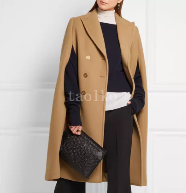 Women's Double Breasted Mid Long Coat Jacket Lapel Collar Overcoat Cloak Cape SZ 3