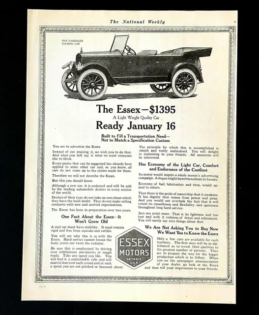 Antique 1919 Essex Motors Car Advertisement Convertible Detroit USA Art Print AD