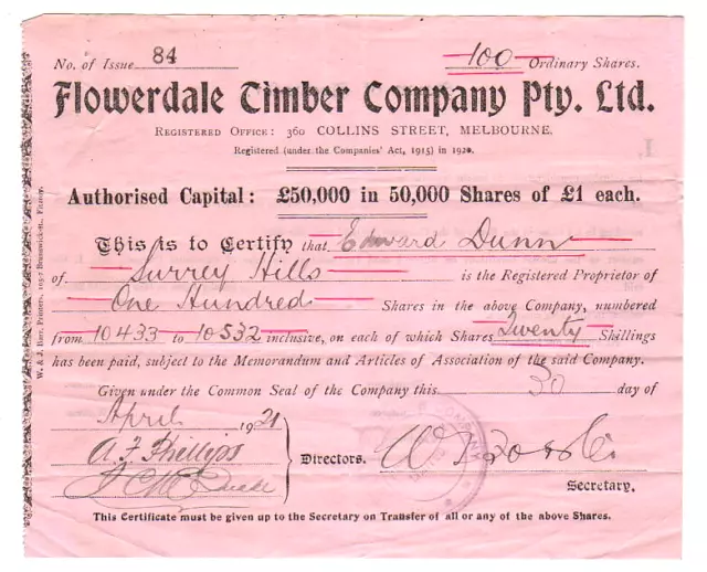 Share Scrip-Timber Milling. 1921 Flowerdale Timber Co Pty/Ltd.. (Whittlesea Vic)