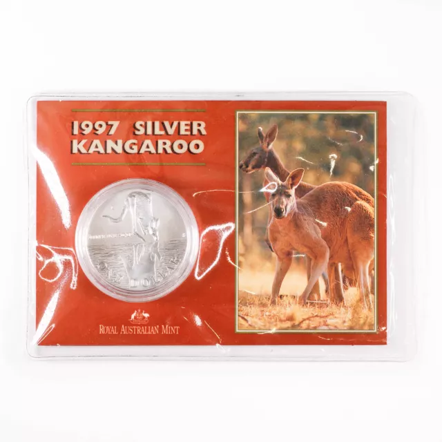 1997 Royal Australian Mint $1 Frosted Silver 1oz Kangaroo Coin - Carded D4-503