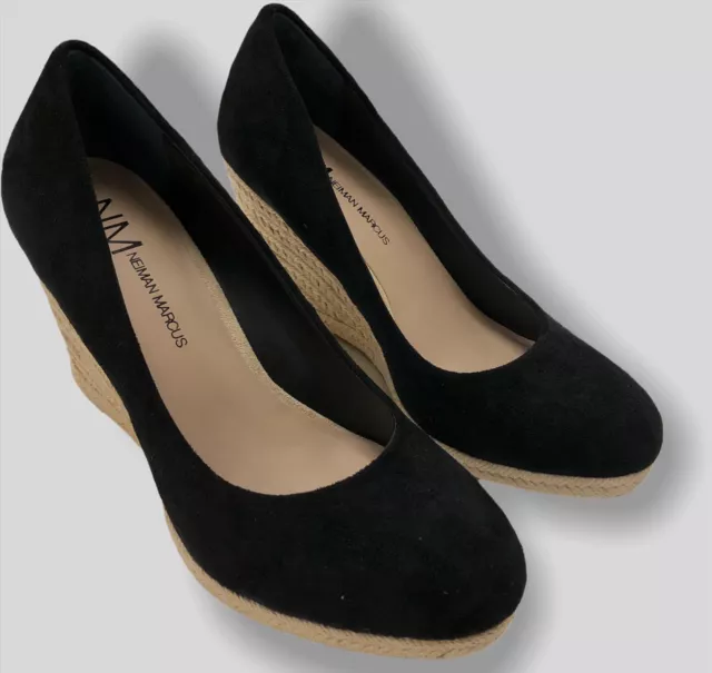 $99 Neiman Marcus Women's Black Suede Succeed Espadrille Sandal Shoes US 7½ M