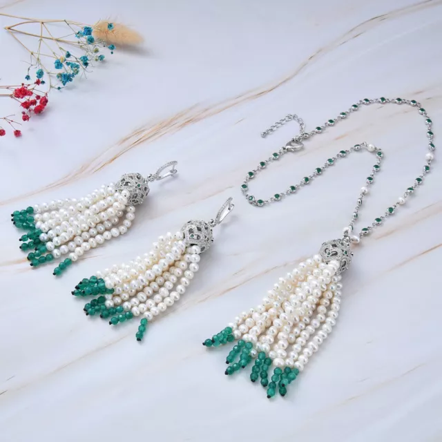 Natural White Keshi Pearl Green Agate Pendant CZ Chain Necklace Earrings Sets