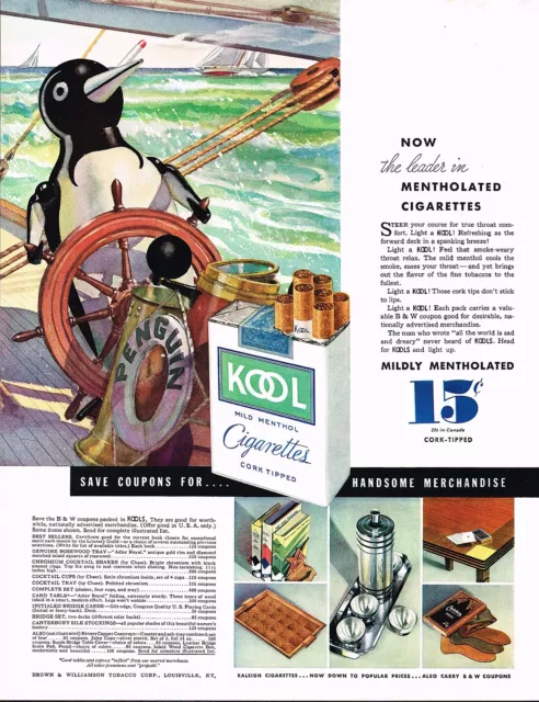 1930s BIG Vintage Kool Cigarettes Smoking Penguin Boat Captain Art Print Ad