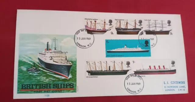 1969 British Ships Clean label address Philart First Day Cover London WC FDI