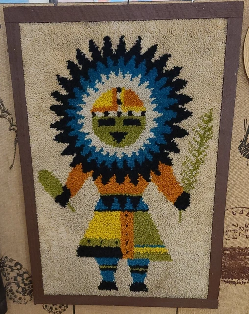 VINTAGE LATCH HOOK Zuni Native American Kachina Rug Wall Hanging Wood