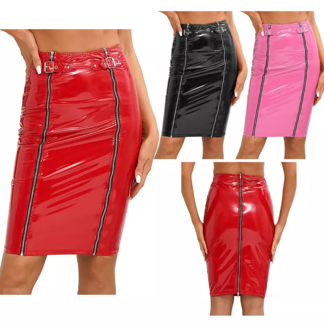 SEXY WOMEN SHINY Metallic PVC Leather Skirt Zipper Buckle Bodycon