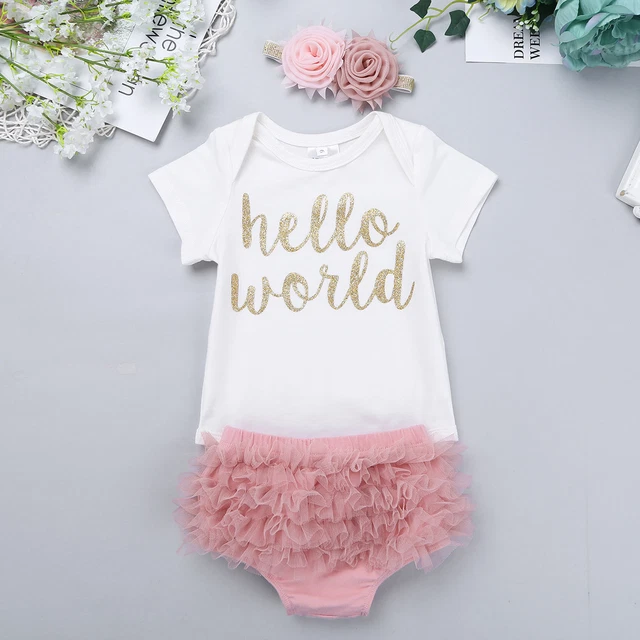 Newborn Baby Girl Hello World Romper Jumpsuit Bodysuit Headband Clothes Outfit