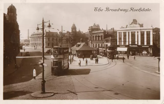 RP Postcard - Electric Tram, The Broadway, Rochdale, Manchester, 1930.